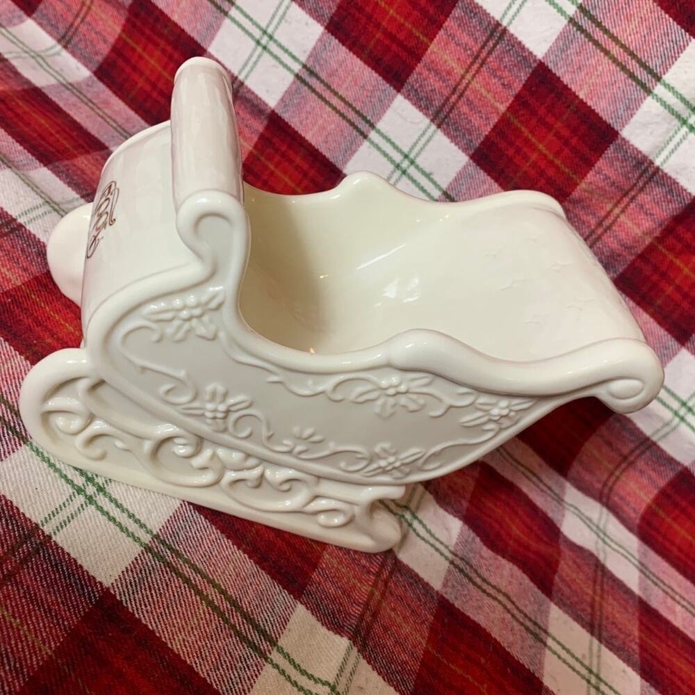 Victorian Christmas Sleigh AGC Porcelain Vintage 1997 Inscribed Candy Dish Decor